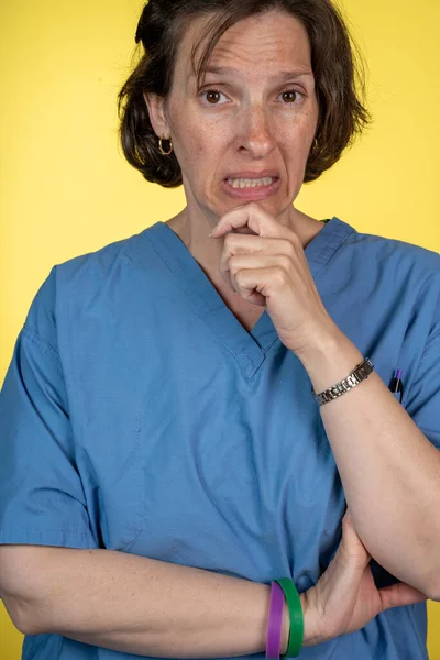 Three image of a tired doctor on a video visit call with a patient or coleage — Stock Photo, Image