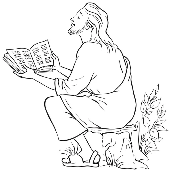 Jesus reading the Bible. Coloring page. Also available colored version — Stock Vector