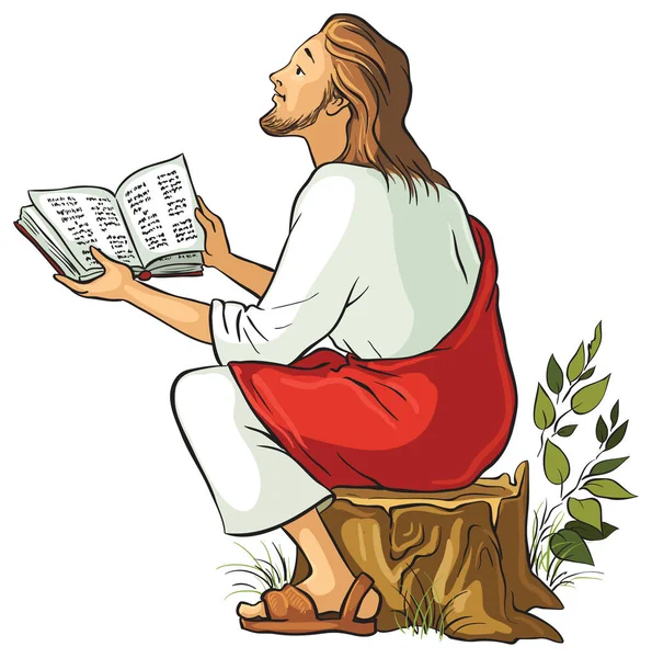 Vektorové ilustrace pro Ježíše čtení v Bibli. Také k dispozici obrysy verze — Stockový vektor