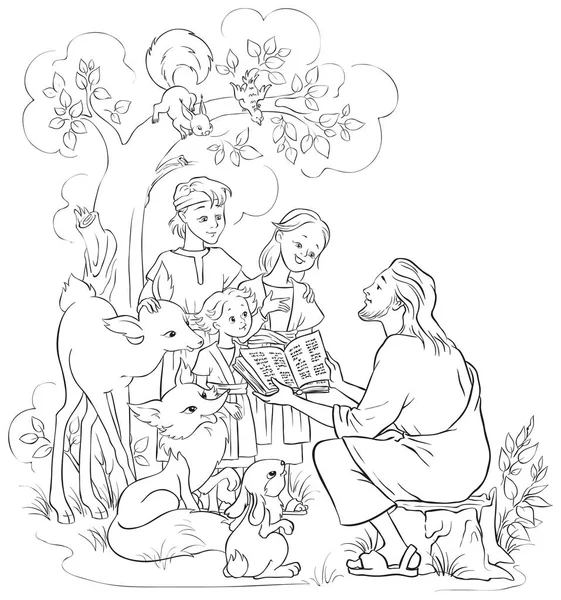 Jesus reading the Bible to children and animals. Coloring page. Also available colored version — Stock Vector