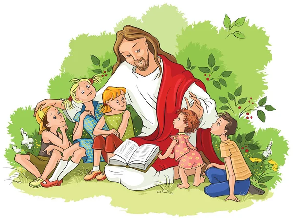 Jesus liest Kindern die Bibel vor Stockvektor