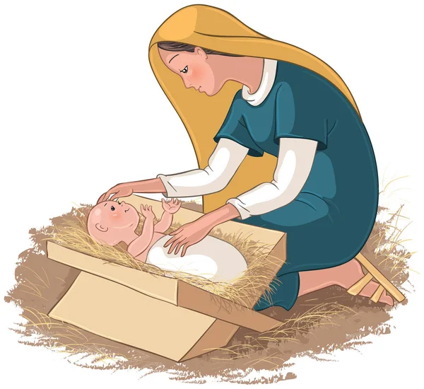 Mother mary with child jesus in the manger — Stock Vector