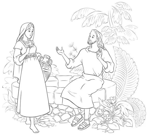 Jesús y la mujer samaritana en la página para colorear del pozo — Vector de stock