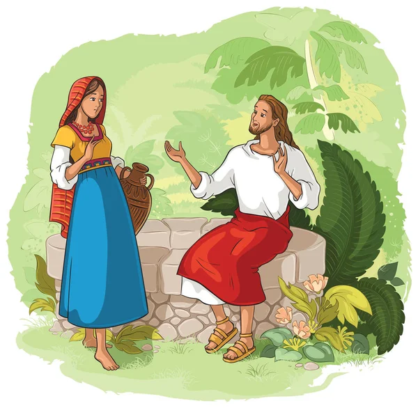 Jesús y la mujer samaritana en el pozo — Vector de stock