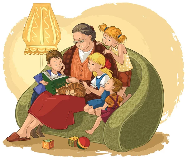 Τα εγγόνια ακούγοντας τη γιαγιά τους διαβάζοντας ένα βιβλίο παραμυθιών — Διανυσματικό Αρχείο