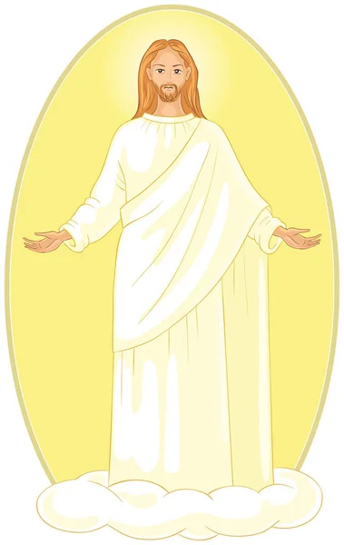 Ascension of Jesus Christ in white robes standing on a cloud with arms open — Stock Vector