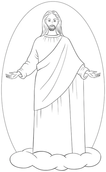 Ascensione di Gesù Cristo in vesti bianche in piedi su una nuvola con le braccia aperte Disegno da colorare — Vettoriale Stock