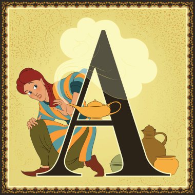 Children book cartoon fairytale alphabet. Letter A. Aladdin and the Wonderful Lamp. Arabian Nights clipart