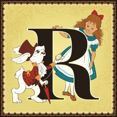 Children book cartoon fairytale alphabet. Letter R. Alice and White Rabbit. Alices Adventures in Wonderland by Lewis Carroll clipart