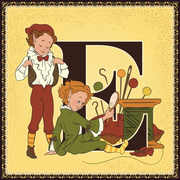 Crianças livro cartoon conto de fadas alfabeto. Carta E. Os Elfos e o Sapateiro, de Grimm Brothers —  Vetores de Stock