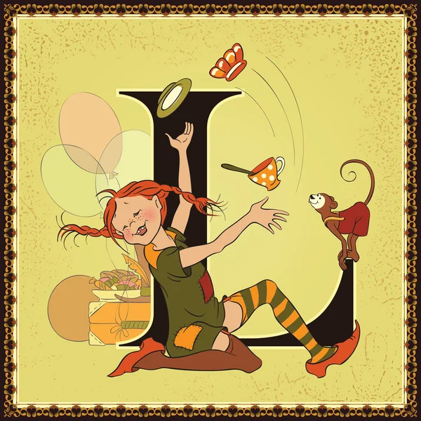 Kinderen boek cartoon fairytale alfabet. Brief L. Pippi Langkous door Astrid Lindgren — Stockvector