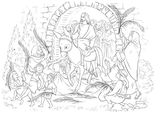 エルサレム Palm Sunday への主の入場ページを着色します イエス キリストはロバに乗っている 群衆はヤシの葉でかれを歓迎し かれの前に衣服を広げ — ストックベクタ