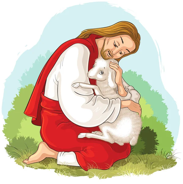 Isus Ţine Mielul Bunul Păstor Vector de stoc