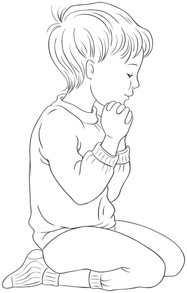 Llustration Little Boy Kneeling Prayer Her Hands Folded Coloring Page —  Vetores de Stock