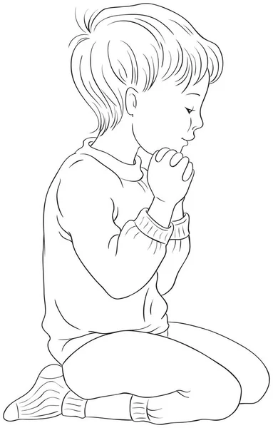 Ілюстрація Маленького Хлопчика Колінах Молитві Складеною Розмальовкою Рук Також Доступна Ліцензійні Стокові Ілюстрації