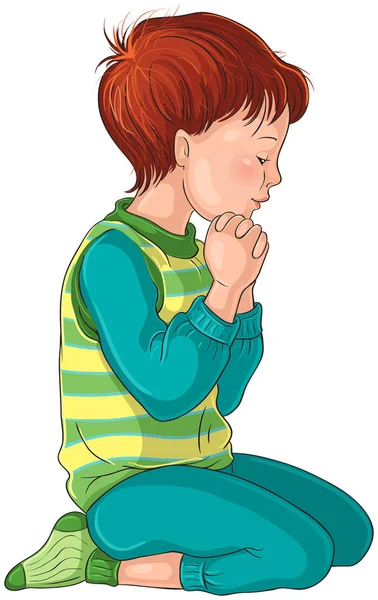Ilustracja Małego Chłopca Klęczącego Modlitwie Złożonymi Rękami Dostępna Również Wersja Wektor Stockowy