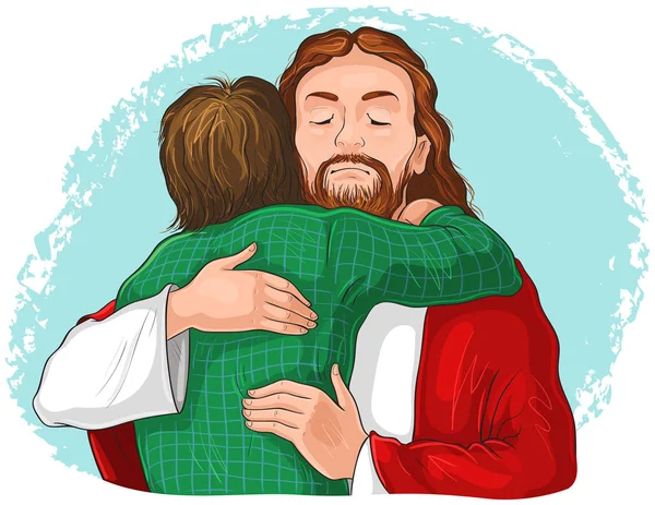 耶稣拥抱孩子的形象 矢量漫画基督教插图 还提供黑白版本 — 图库矢量图片