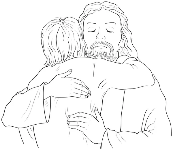 耶稣拥抱孩子黑白插图 矢量漫画基督教彩绘页 还可提供彩色版本 矢量图形