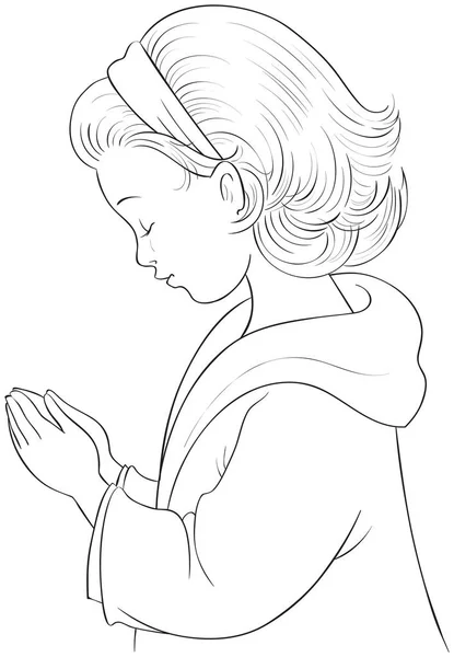 Bonito Cartoon Little Girl Orando Com Mãos Dobradas Página Coloração —  Vetores de Stock