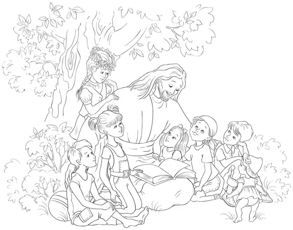 Jesus Reading Bible Children Coloring Page Vector Cartoon Christian Black — Stock Vector