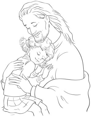 The Embrace of God. Jesus hugging girl. Vector cartoon coloring page. Also available colored version clipart