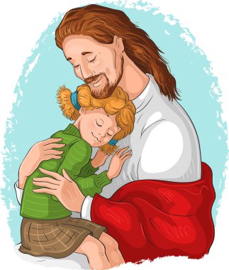The Embrace of God. Jesus hugging girl. Vector cartoon christian illustration. Also available coloring book version clipart