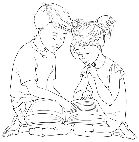 Anak Anak Membaca Buku Halaman Pewarnaan Kartun Vektor Juga Tersedia - Stok Vektor