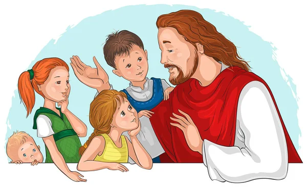 Jezus Christus Praat Met Kinderen Vector Cartoon Illustratie Ook Verkrijgbaar — Stockvector