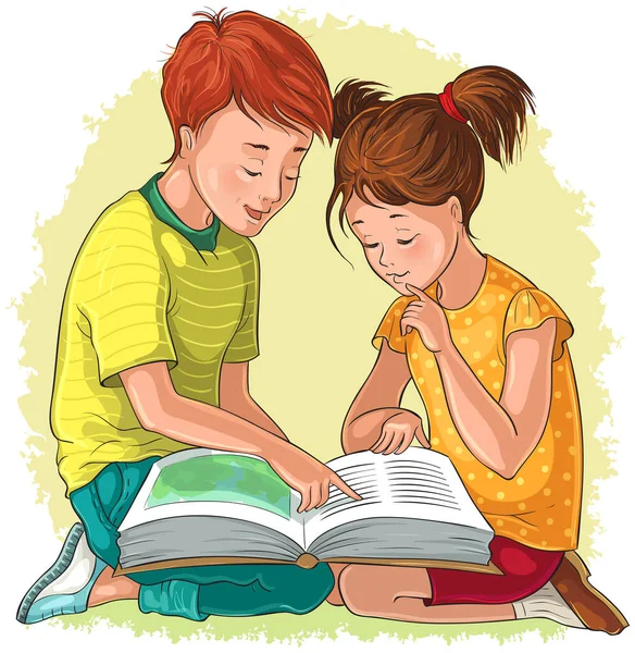 Dzieci Czytają Książkę Ilustracja Kreskówki Wektora Dostępna Również Wersja Kolorowanka — Wektor stockowy