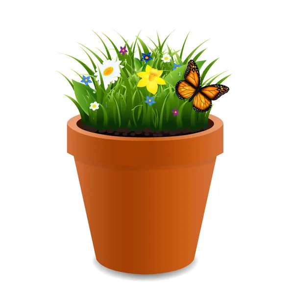 Flowers In Pot With butterfly — Stock Vector