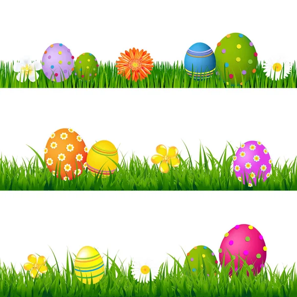 Conjunto de hierba verde grande con flores y huevos de Pascua — Archivo Imágenes Vectoriales