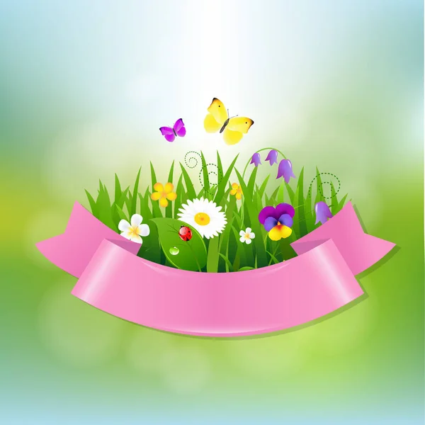 Jarní květiny s růžovou mašlí — Stockový vektor