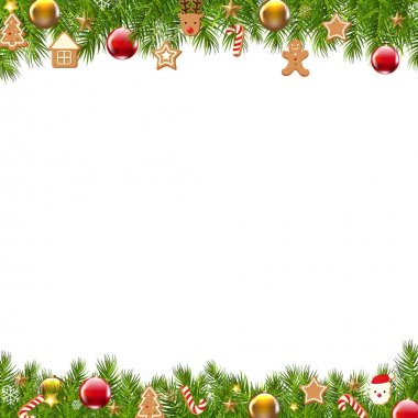 Noel tebrik kartı sınırları köknar şube ve süslemeleri ile 