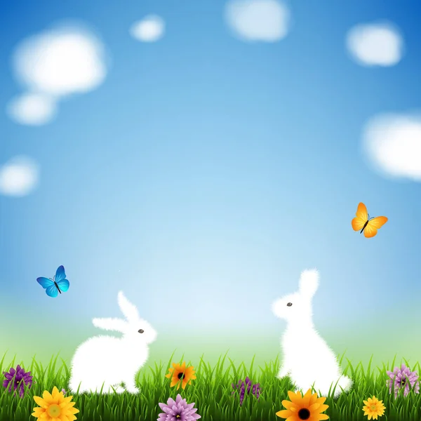 愉快的复活节明信片与兔子在草甸与花 — 图库矢量图片