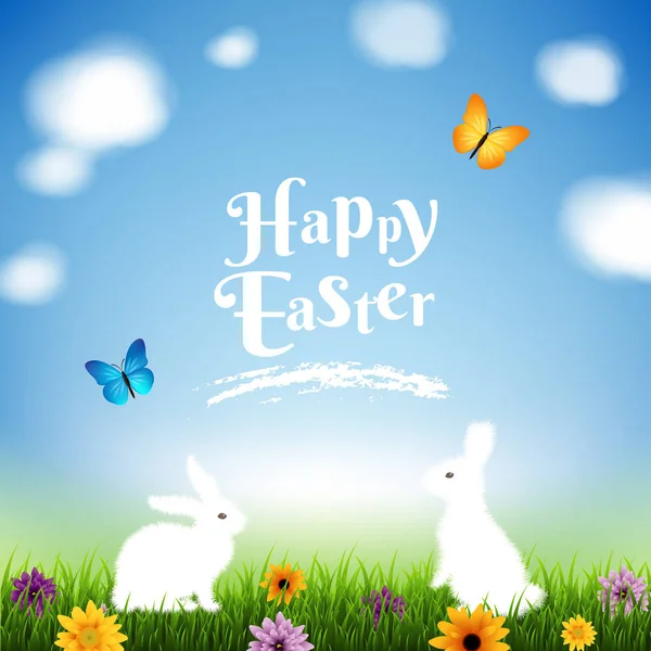 Happy Easter Postcard Rabbits Meadow Flowers Vector Illustration — Stock Vector