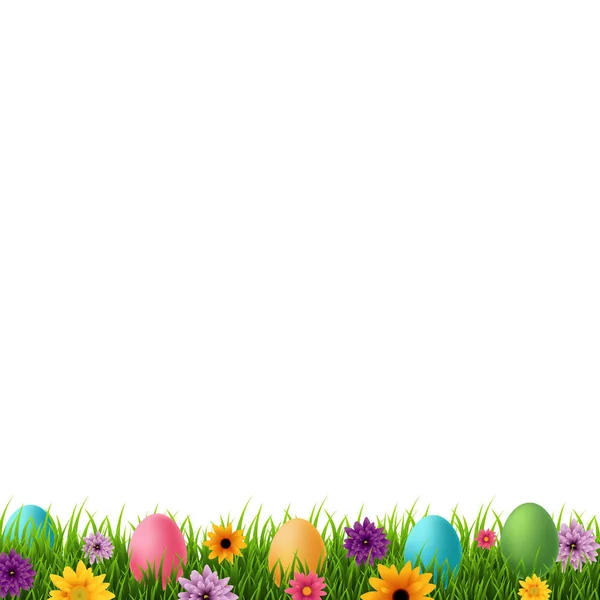 Frohe Osterpostkarte Mit Bunten Eiern Zwischen Blumen Und Gras Vektor — Stockvektor