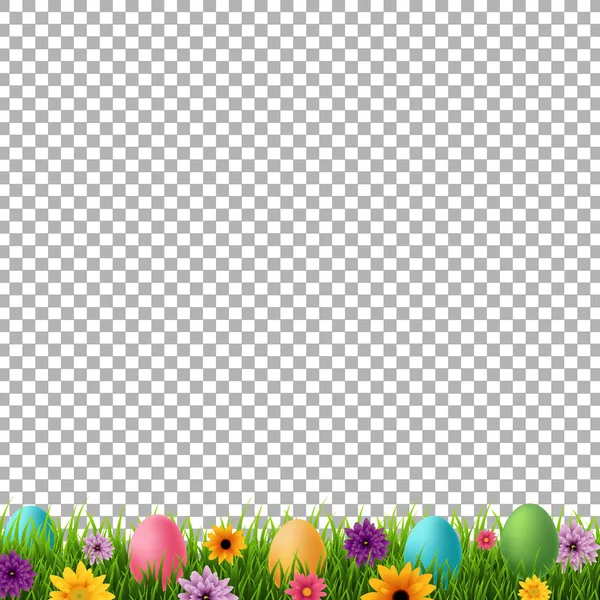 Mutlu Paskalya Kartpostal Arasında Çiçek Çim Vektör Illüstrasyon Renkli Yumurta — Stok Vektör