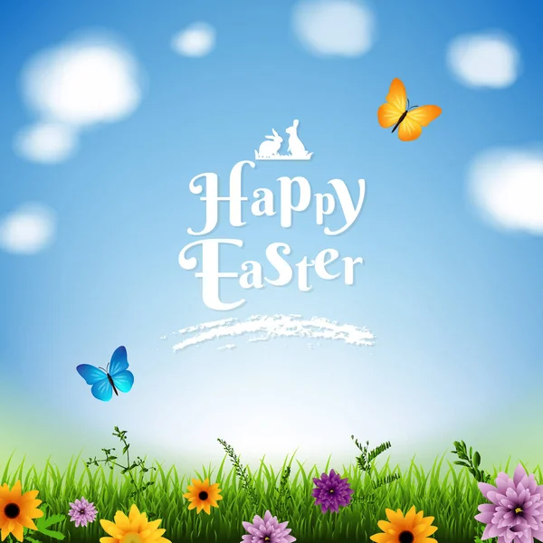 Happy Easter Poster Grass Flowers Border Butterflies Vector Illustration — Stock Vector