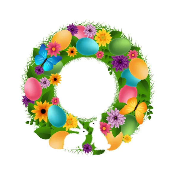 Buona Pasqua Corona Floreale Con Coniglietti Vettore Illustrazione — Vettoriale Stock