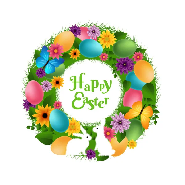 Happy Easter Floral Wreath Bunnies Vector Illustration — Stock Vector