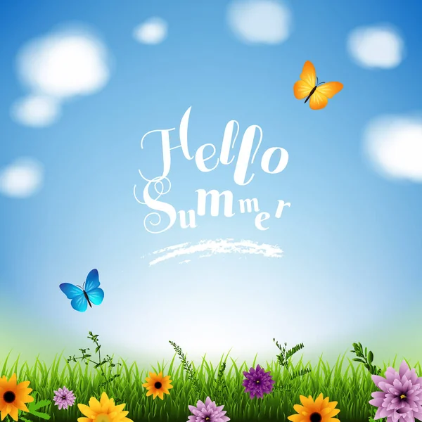 Summer Poster Grass Flowers Border Butterflies Vector Illustration — Stock Vector