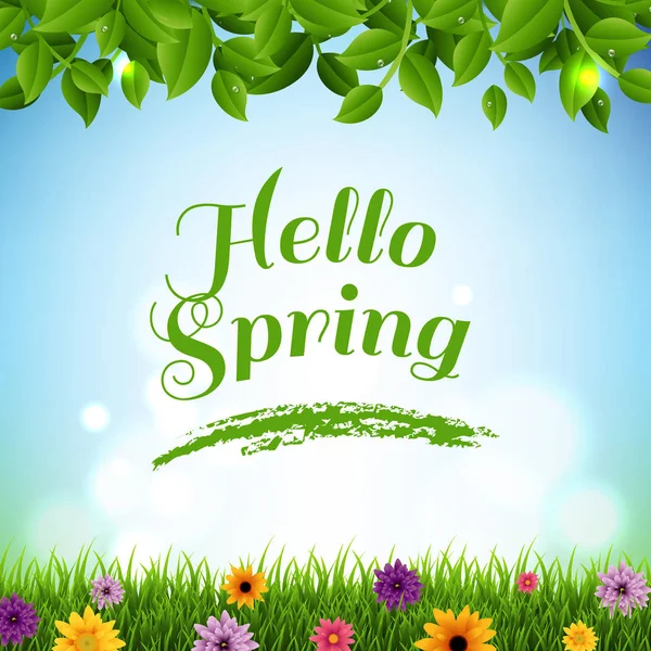 Надпись Hello Spring Зелеными Листьями Цветами Траве Синем Фоне Огнями — стоковый вектор