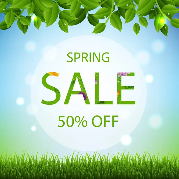 Spring Sale Poster Green Leaves Grass Blue Background Lights — Stock Vector