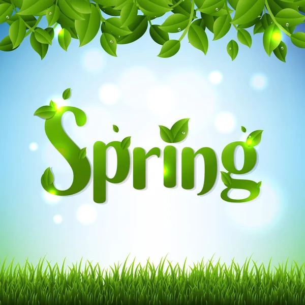 Письменная Весна Зелеными Листьями Травой Синем Фоне Огнями — стоковый вектор