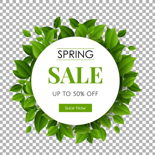 Spring Sale Poster Circle Green Leaves — Stock Vector