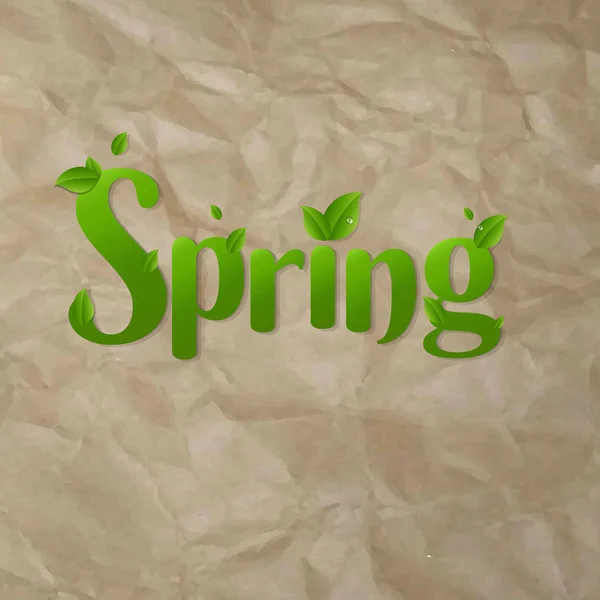 Schriftzug Frühling Mit Blättern Auf Braunem Bastelpapier Hintergrund — Stockvektor