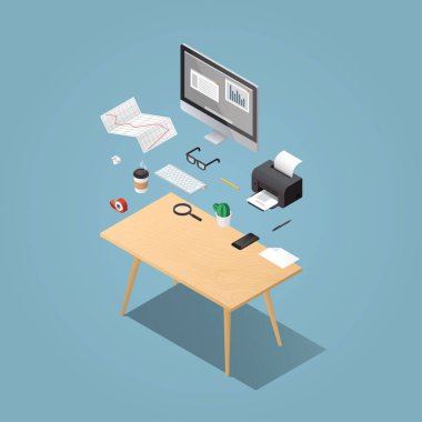 Office workplase izometrik çizimde