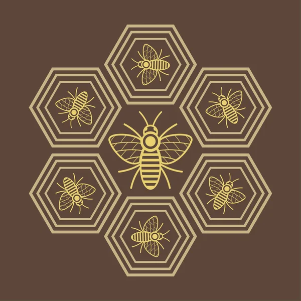 Diseño del logotipo de una abeja dentro de un hexágono en el fondo del panal — Vector de stock