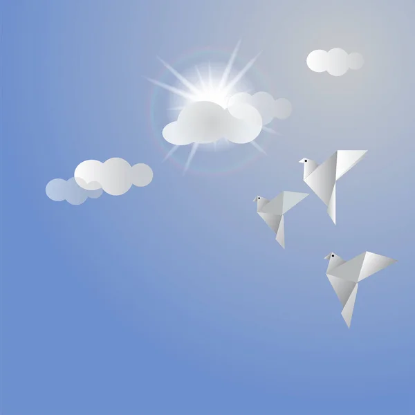 Paper bird on sky with sun and clouds — 스톡 벡터