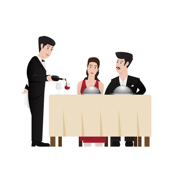 Butler serveren van wijn aan gasten, vectorillustratie — Stockvector